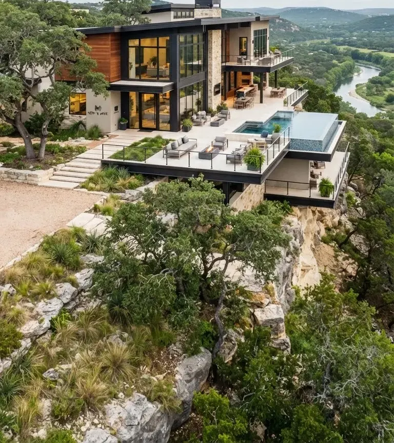 Exclusive ridge-top modern estate along Onion Creek Bluff featuring expansive cantilevered terraces, dark architectural steel elements, and mature…