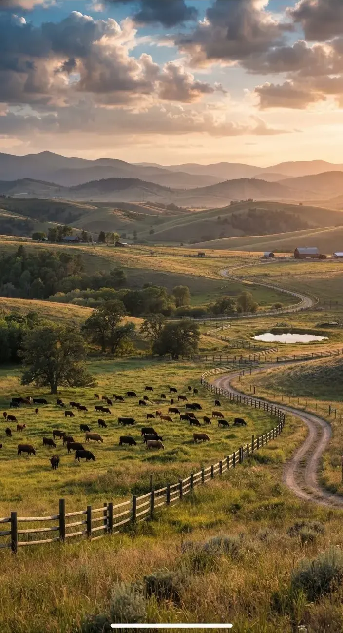 Expansive open ranch territory with layered rolling hills, native savannas, dramatic cloud formations, and grazing pastures in calm atmospheric…
