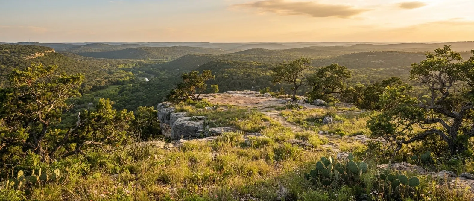 Expansive panoramic view from an elevated limestone hill plateau overlooking thirty miles of forested Hill Country horizon toward the Pedernales…