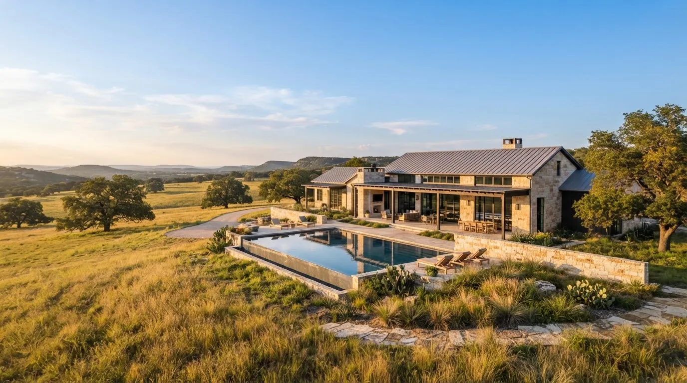 A modern limestone Texas Hill Country ranch house in Dripping Springs.