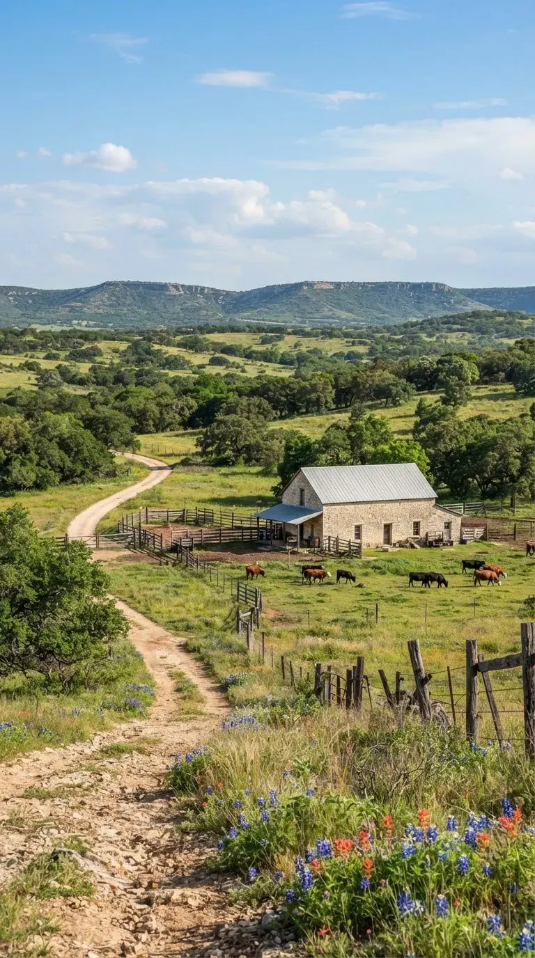 Expansive working cattle and wildlife ranch in Fredericksburg Texas with rolling hills, century-old post oaks, restored historic stone barn, and…