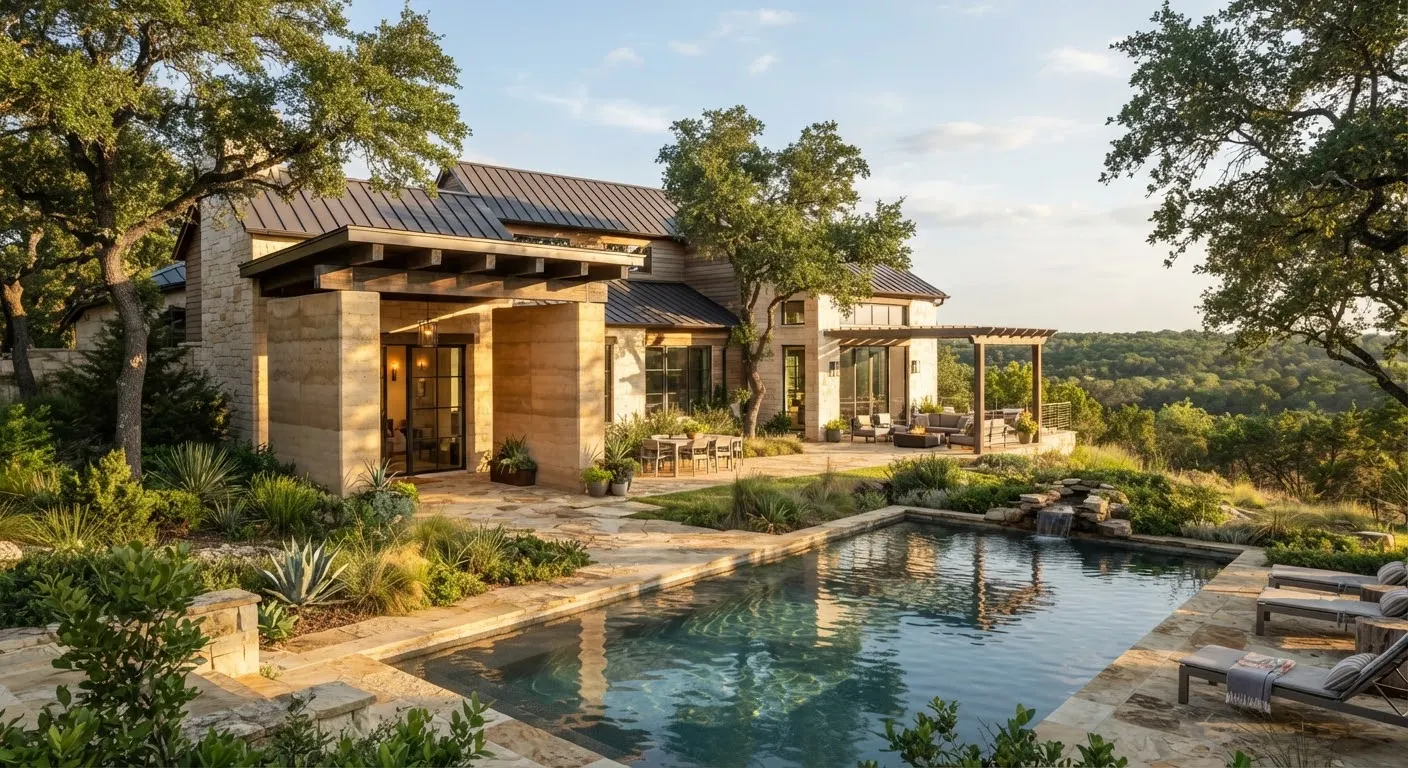 Exquisite contemporary Hill Country stone residence nestled under mature live oaks featuring a rammed-earth portico, standing-seam metal roof, and…