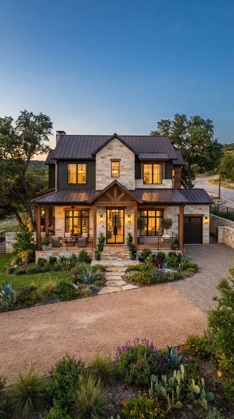 Exterior of a warm Texas Hill Country modern estate home along Stagecoach Trail with limestone accents, dark bronze trim, manicured native…