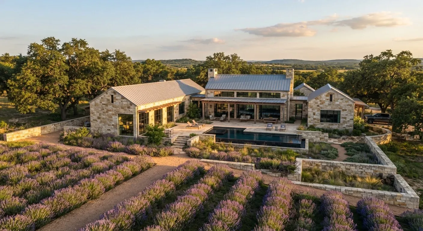 Post Oak Ridge Estate, a stone compound among lavender rows and live oaks near Fredericksburg