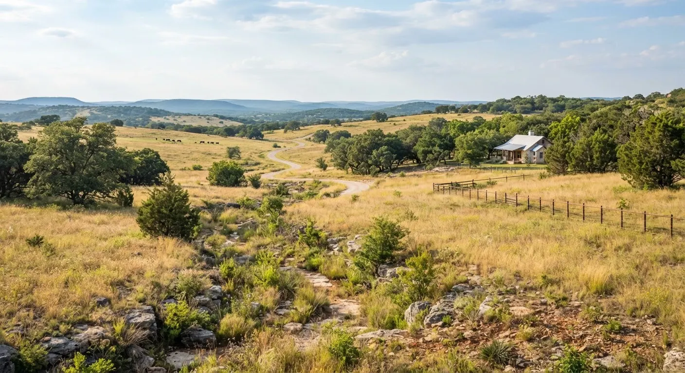 Gently rolling Texas rural parcel in Gillespie County with native post oaks, limestone rock outcroppings, a dry seasonal creekbed, and distant…