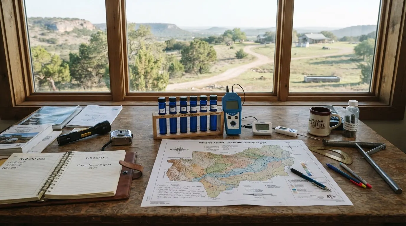 Water-testing equipment and well-flow gauges laid out on a rustic wood table for a Hill Country well assessment