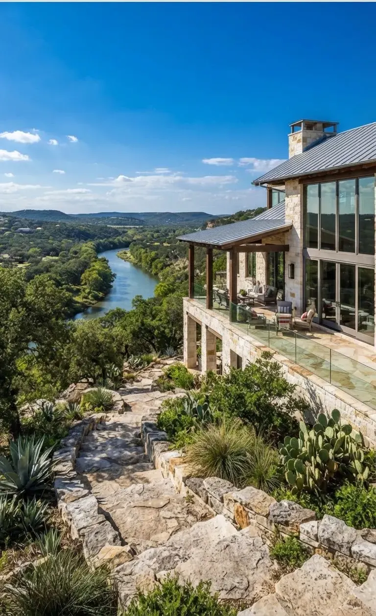 Grand limestone estate sitting high above the Blanco River, with floor-to-ceiling glass windows framing deep blue skies and natural rock stepped…