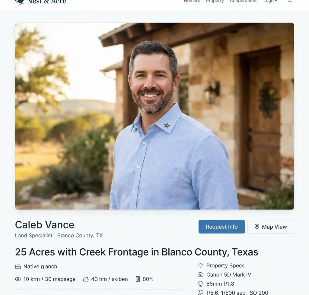 Headshot of Caleb Vance, a professional Texas real estate land specialist in his 40s wearing a high-end tailored linen shirt against natural…