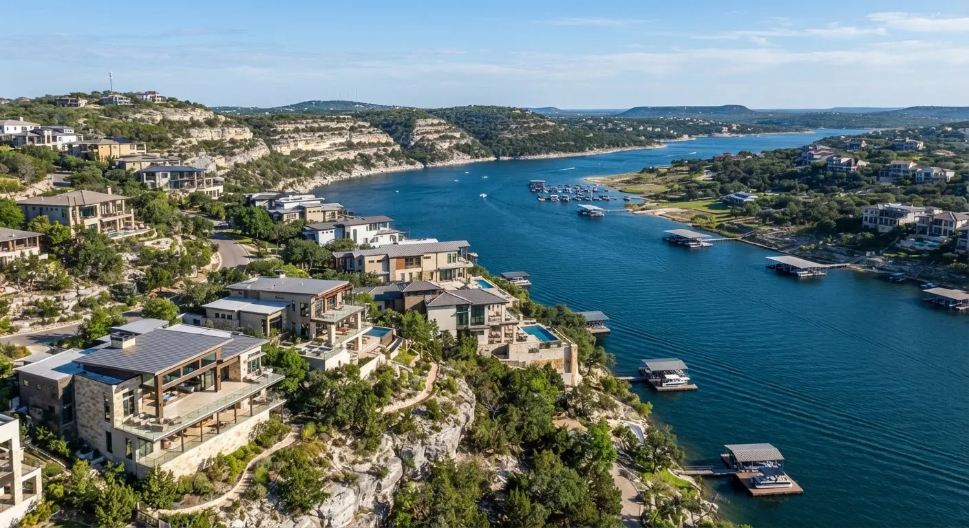 High-angle editorial photograph overlooking Lake Travis in Lakeway, Texas.