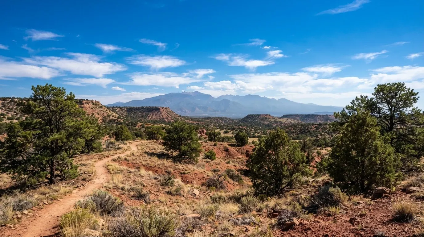 High desert terrain in Santa Fe County New Mexico with native piñon pines, juniper trees, and red earth under a deep blue Southwestern sky.