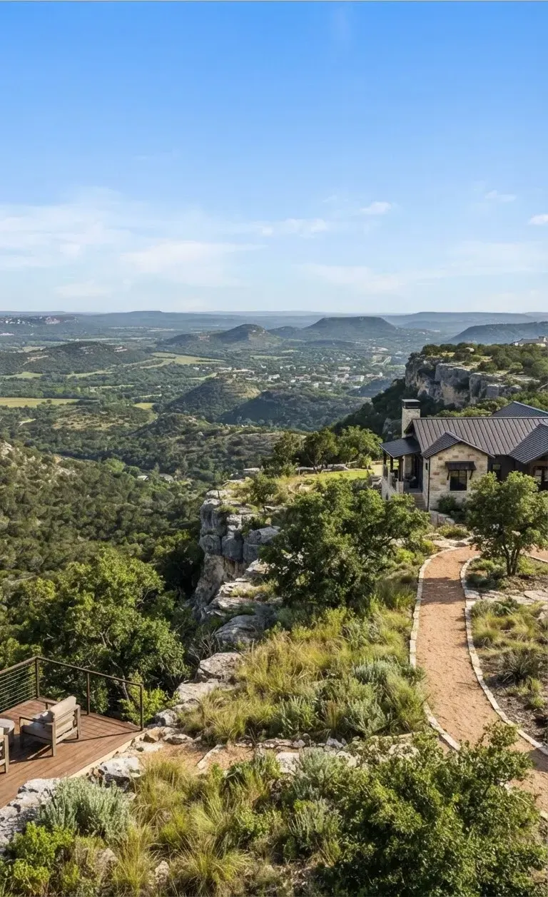 High elevation ridge parcel on Mount Sharp with 360-degree panoramic views of rolling Hill Country valleys and dramatic limestone outcrops under…