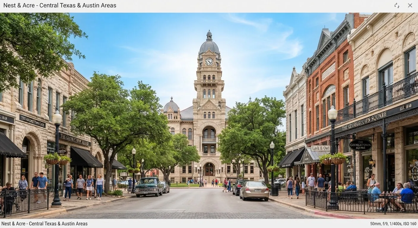 High-end architectural view of Georgetown, Texas' historic town square.
