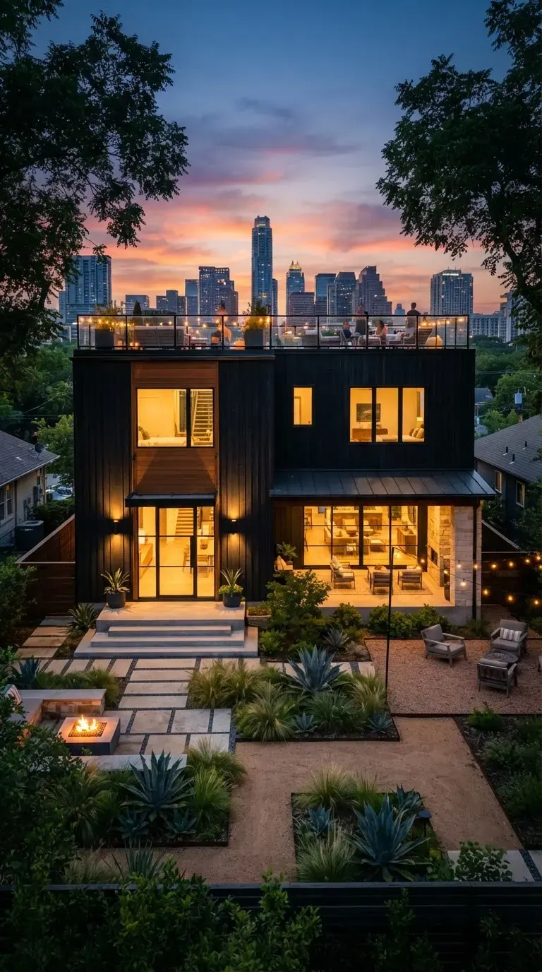 High-end urban retreat in Bouldin Creek Austin with black cedar vertical siding, geometric private courtyard, rooftop terrace with panoramic…