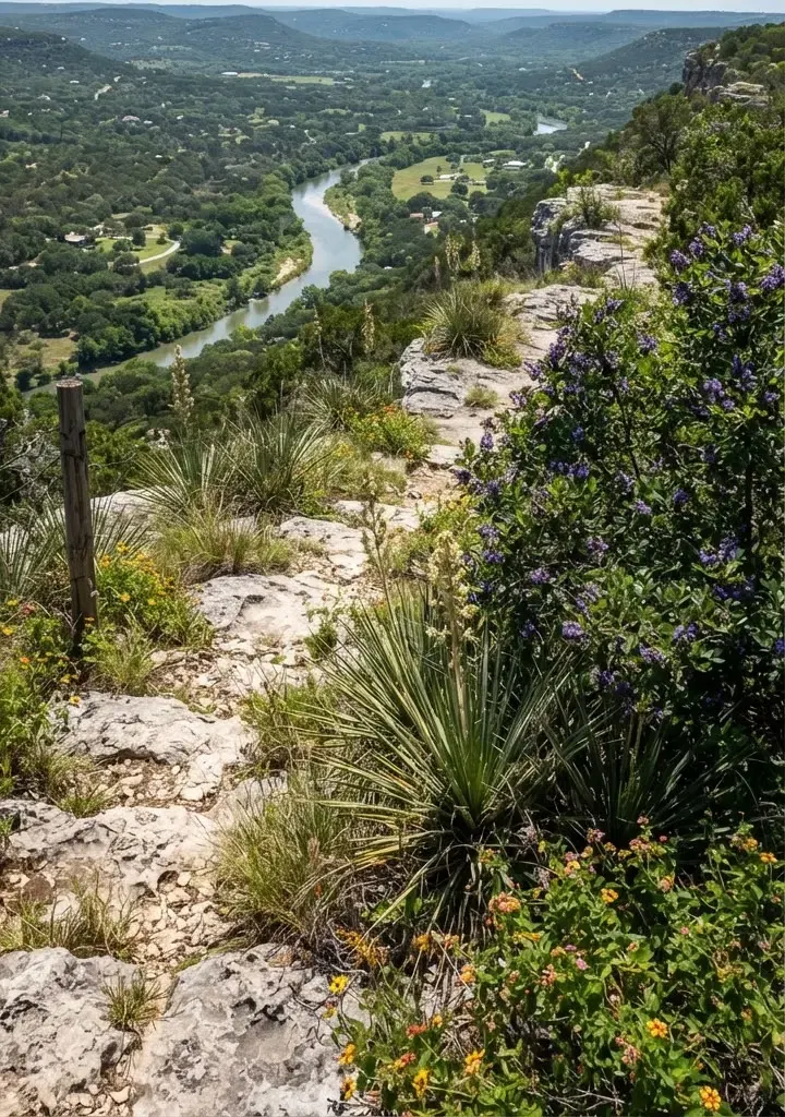 High limestone ridgeline tract outside Wimberley, Texas overlooking Blanco River valley with native sotol and mountain laurel shrubs.