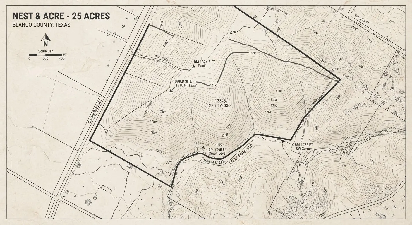 High-resolution cartographic architectural elevation contour map of land parcels with topographic lines, river markings, elevation benchmarks, and…
