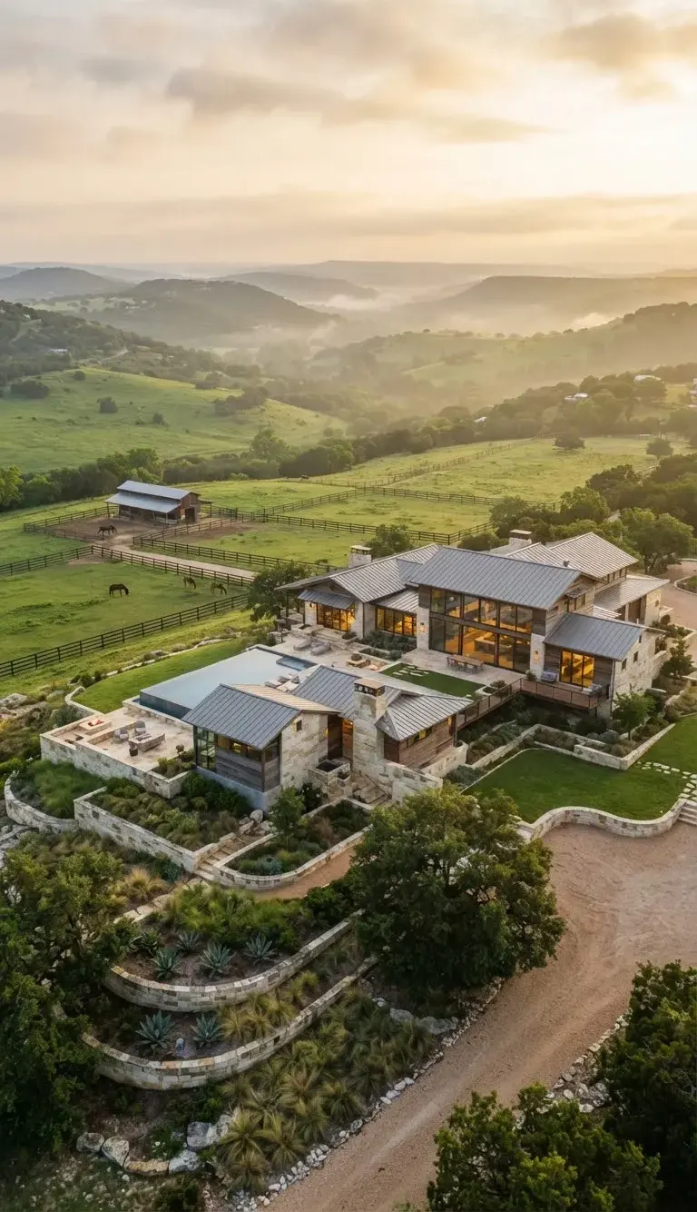Hilltop modern ranch estate in Dripping Springs overlooking undulating green limestone valleys with native stone terraces and equestrian paddocks…