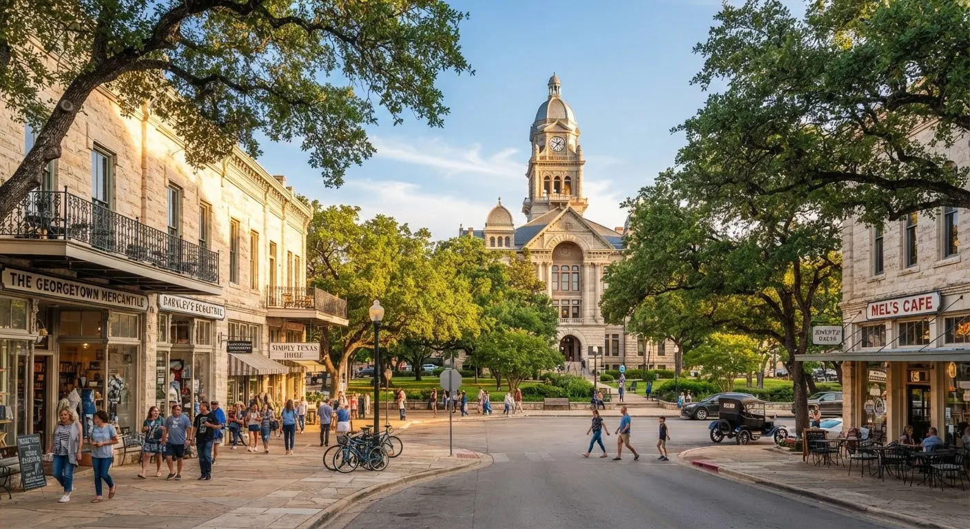 Historic courthouse square in Georgetown Texas featuring restored Victorian limestone commercial facades, clean pedestrian sidewalks, and towering…