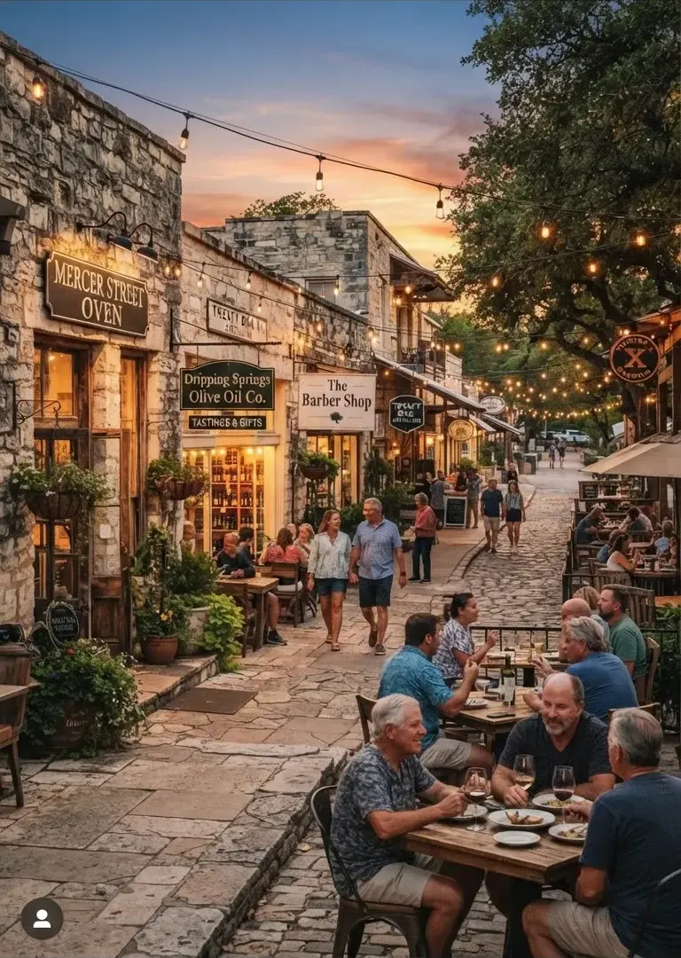 Historic Mercer Street in Dripping Springs with rustic limestone shopfronts, artisan olive oil tasting rooms, outdoor patio dining under string…