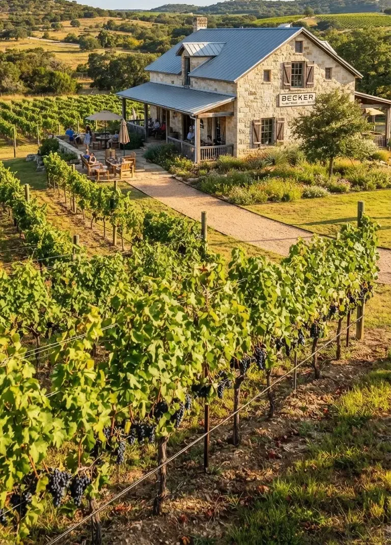Historic stone building and vineyard rows in Fredericksburg, Texas showcasing traditional German limestone masonry and sunlit grape vines during…