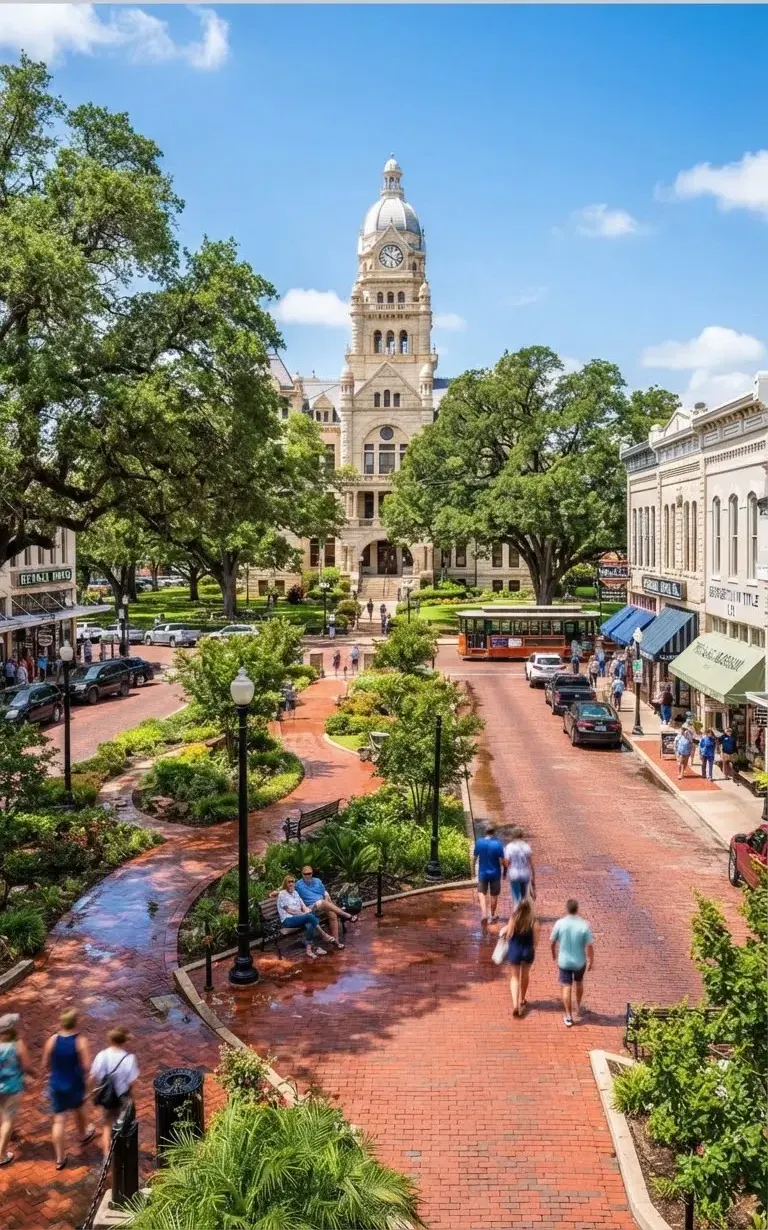 Historic Victorian downtown square in Georgetown Texas with red brick pathways, limestone courthouses, and shady majestic oaks.