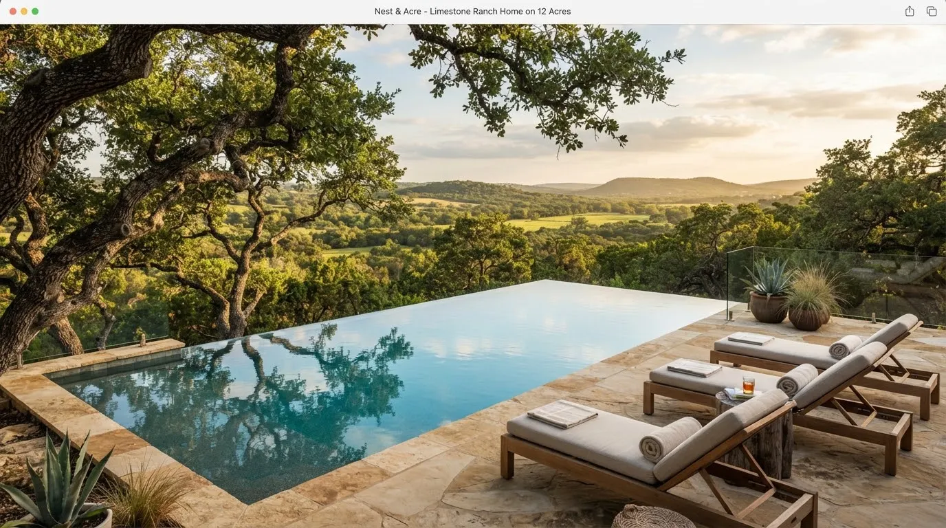 Negative-edge pool with limestone coping overlooking live oaks and Hill Country pasture
