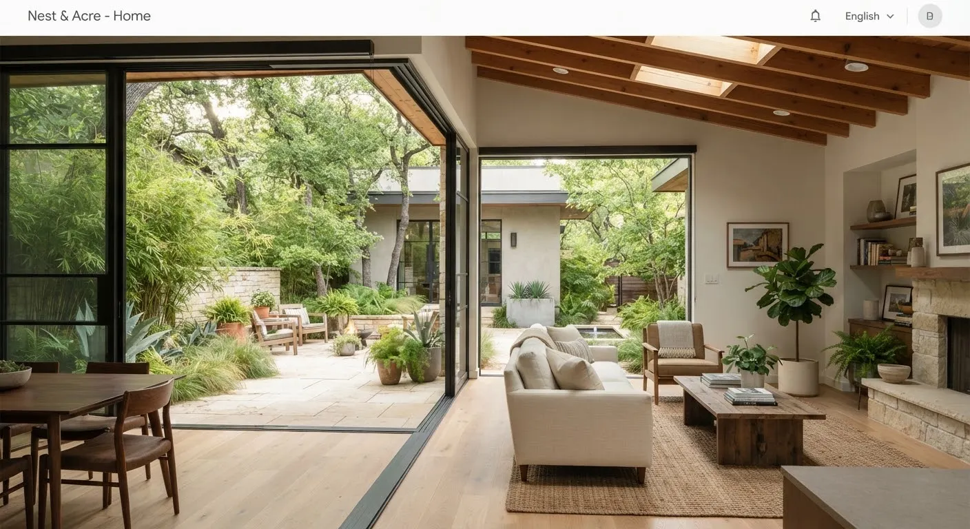 Interior courtyard and living area of a modern Zilker greenbelt home in Austin.