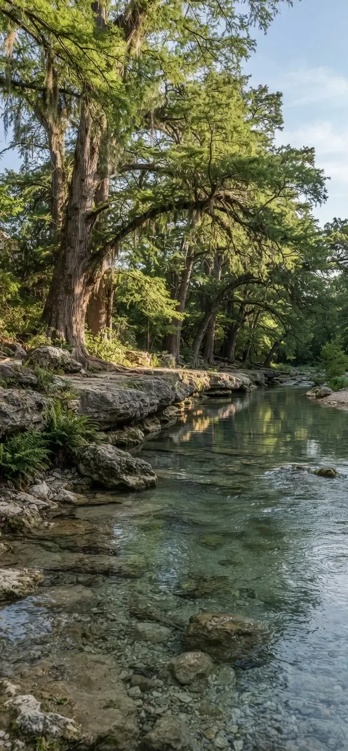 Limestone stream bank along Cypress Creek in Wimberley, Texas with towering bald cypress trees, crystal-clear spring water, and soft afternoon…