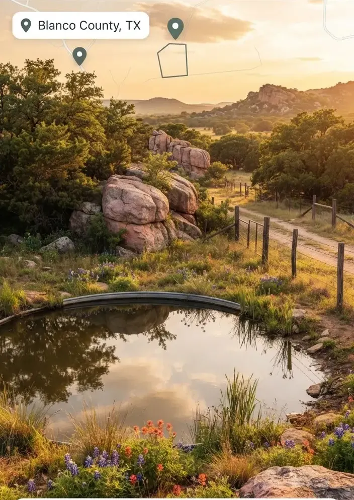 Llano County Texas granite outcroppings surrounded by mesquite and live oak groves with a serene stock tank reflecting late afternoon amber light.