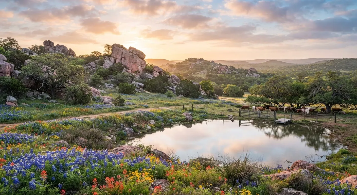 Llano County Texas rugged landscape showing dramatic pink granite outcrops, mature mesquite, native bluebonnet fields, and an active spring-fed…