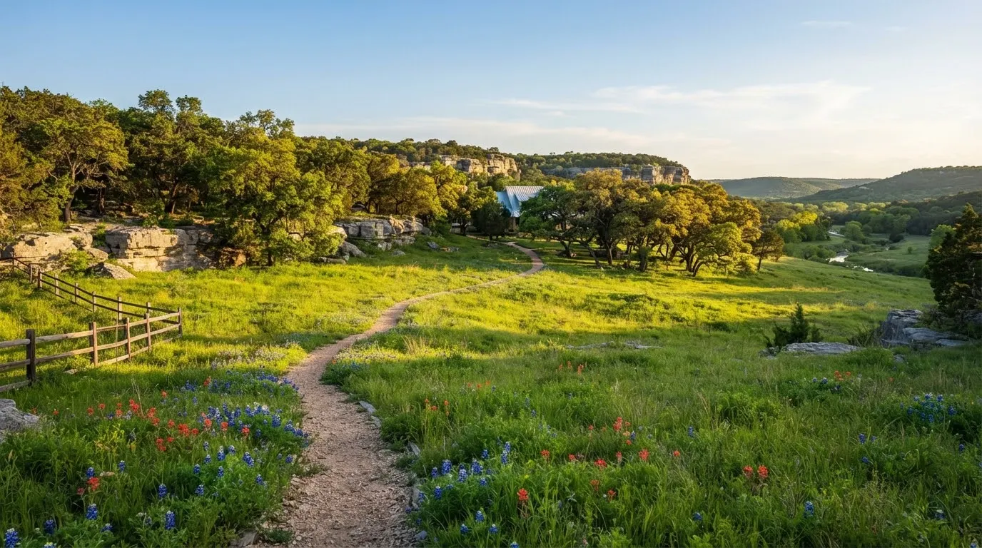Lush green meadow bordered by limestone ledges and mature heritage trees on an 18-acre estate in Dripping Springs, Texas with afternoon golden light.