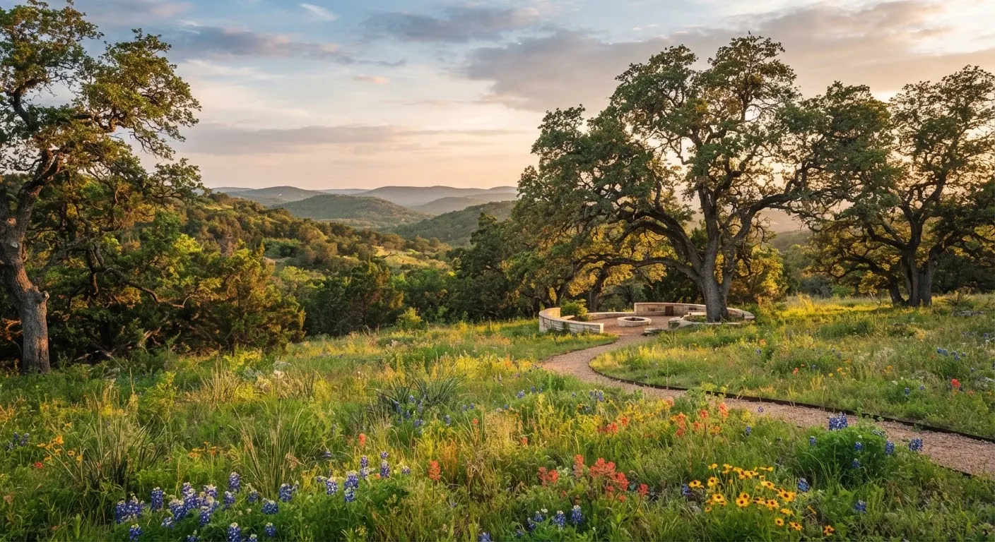 Lush Hill Country acreage parcel with towering legacy live oaks, native wildflowers, rolling topography, and soft evening sunlight illuminating a…