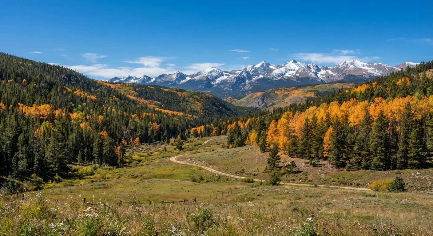 Majestic Colorado mountain parcel landscape with dense groves of ponderosa pine and shimmering golden aspen stands leading into an open grassy valley.