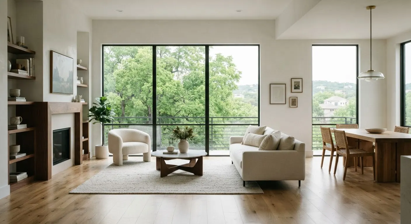 Modern architectural apartment interior in Travis Heights Austin with polished white plaster walls, wide-plank oak floors, and large windows…