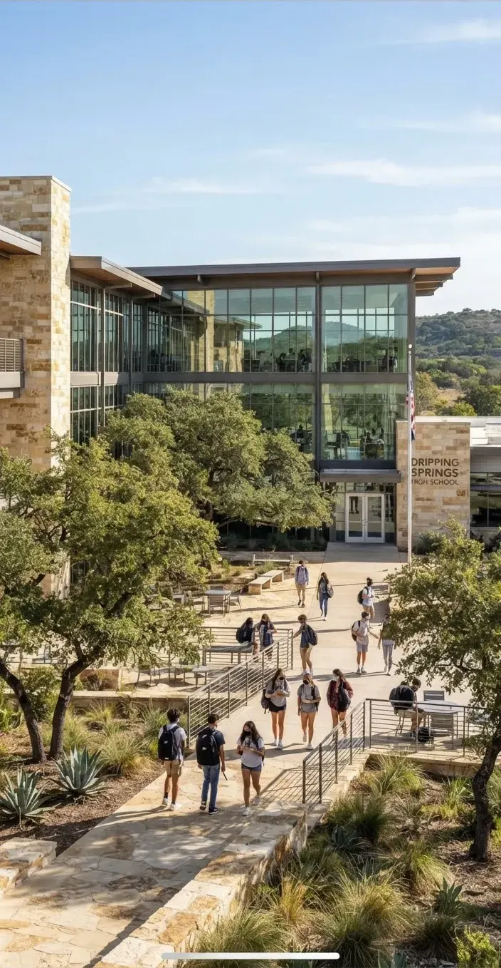 Modern architectural campus building of Dripping Springs High School featuring natural Texas limestone facades, floor-to-ceiling glass windows,…