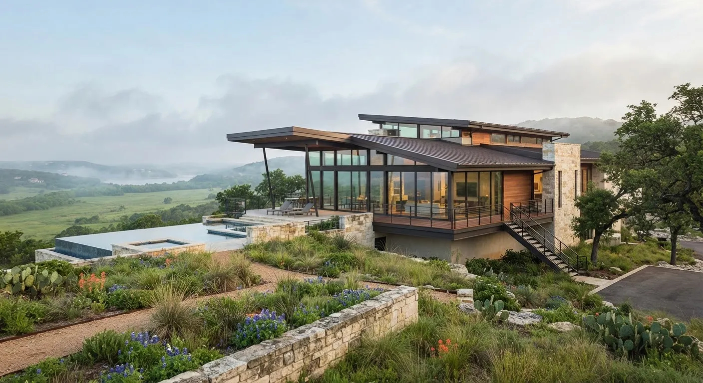 Modern architectural home exterior set into a sloping limestone ridge in Bee Cave, Texas.