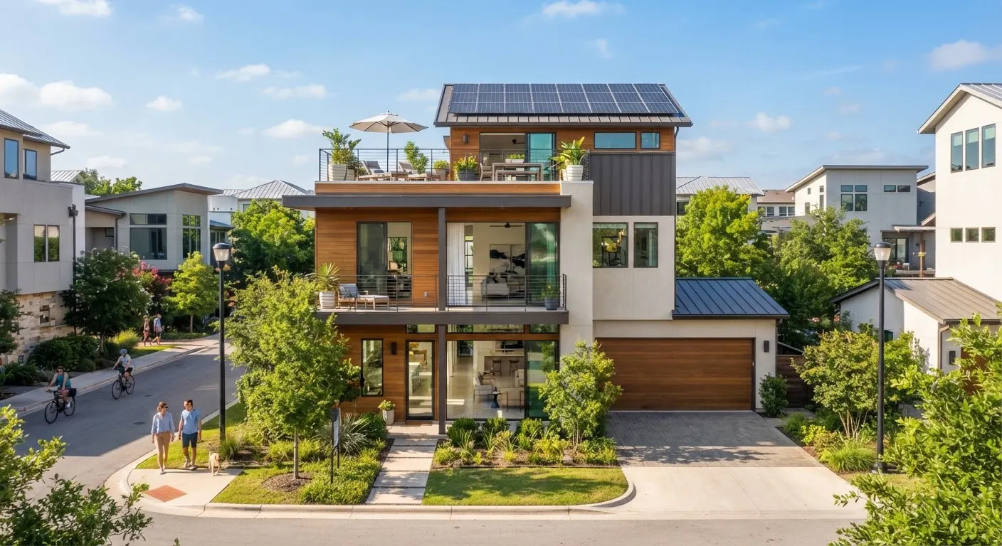 Modern Mueller townhouse with sunlit rooftop terrace, sustainable solar panels, high ceilings, polished limestone terrazzo flooring, and private…
