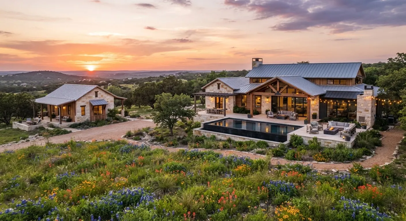 Modern ranch compound in Dripping Springs Texas featuring a main limestone residence and detached guest casita.
