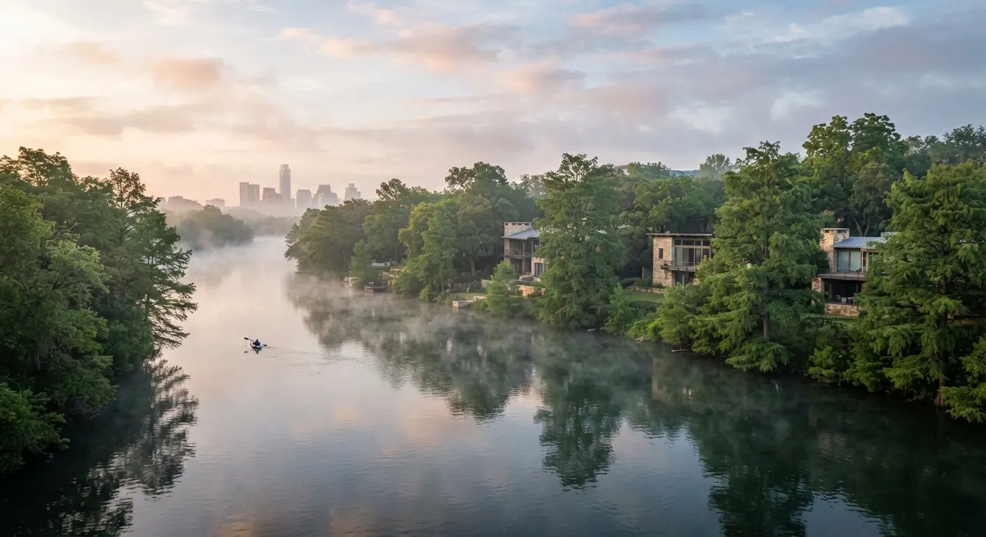 Morning atmospheric mist rising over the tranquil waters of Barton Springs and Lady Bird Lake in Austin, surrounded by verdant cypress trees and…