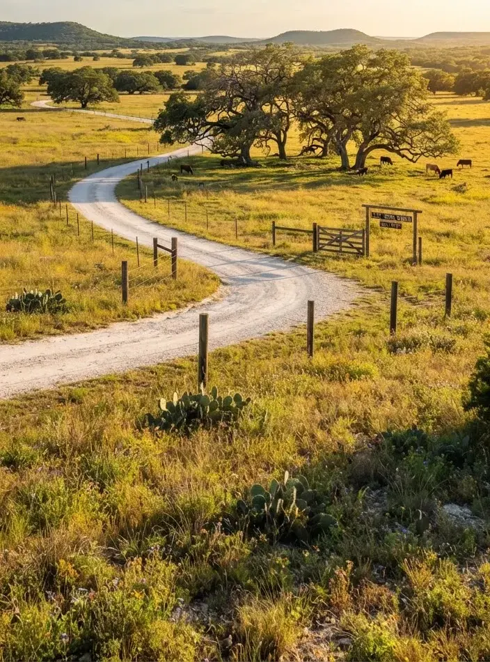 Open ranch pastures near Johnson City, Texas featuring sprawling legacy oak clusters, white caliche ranch road, and long golden afternoon shadows.
