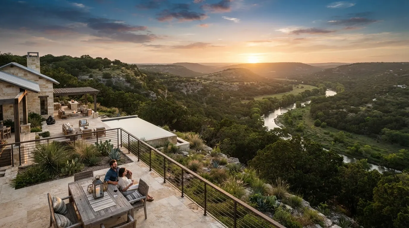 Panoramic view over the Blanco River Valley from the property at sunset