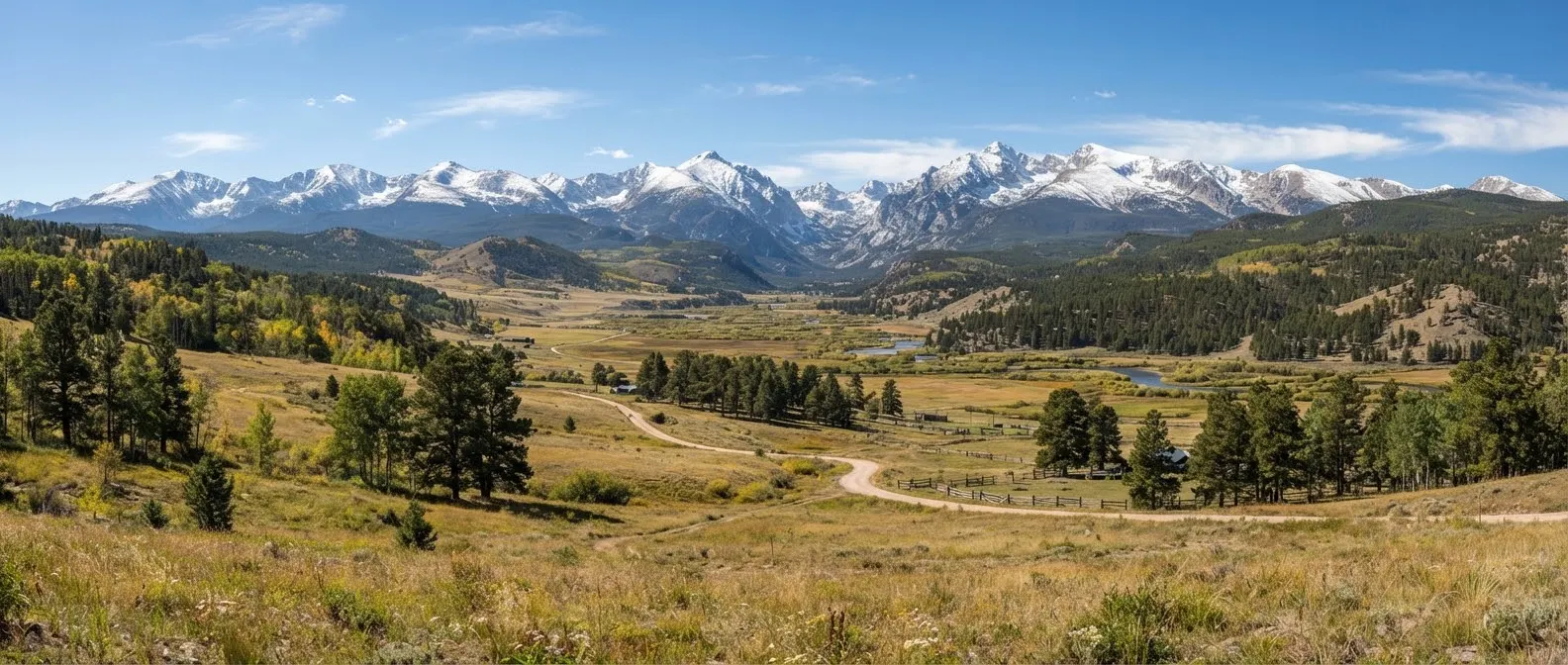 Panoramic high-altitude mountain valley in Park County Colorado with scattered ponderosa pine groves and vast vistas of snow-capped peaks in the…
