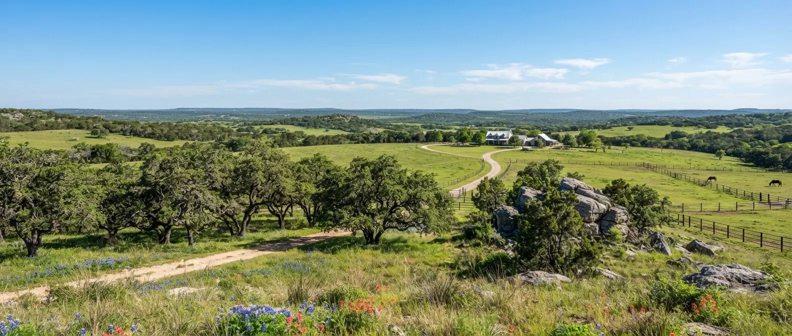 42 acres in Gillespie County, Texas featuring ancient live oak motts, granite outcroppings, and expansive open pastures under an immaculate blue…