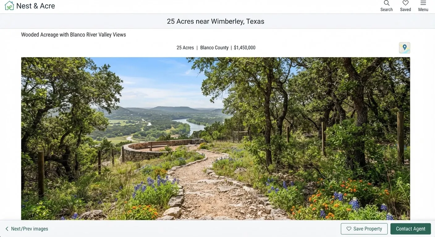 Peaceful wooded acreage near Wimberley Texas with limestone paths, shaded live oaks, and a distant view of the Blanco River valley.