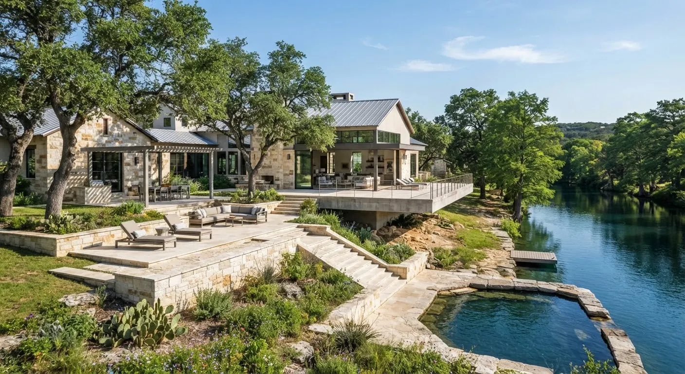 A magnificent riverfront architectural estate on the Blanco River, with terraced limestone patios, cantilevered concrete decks, and deep clear…