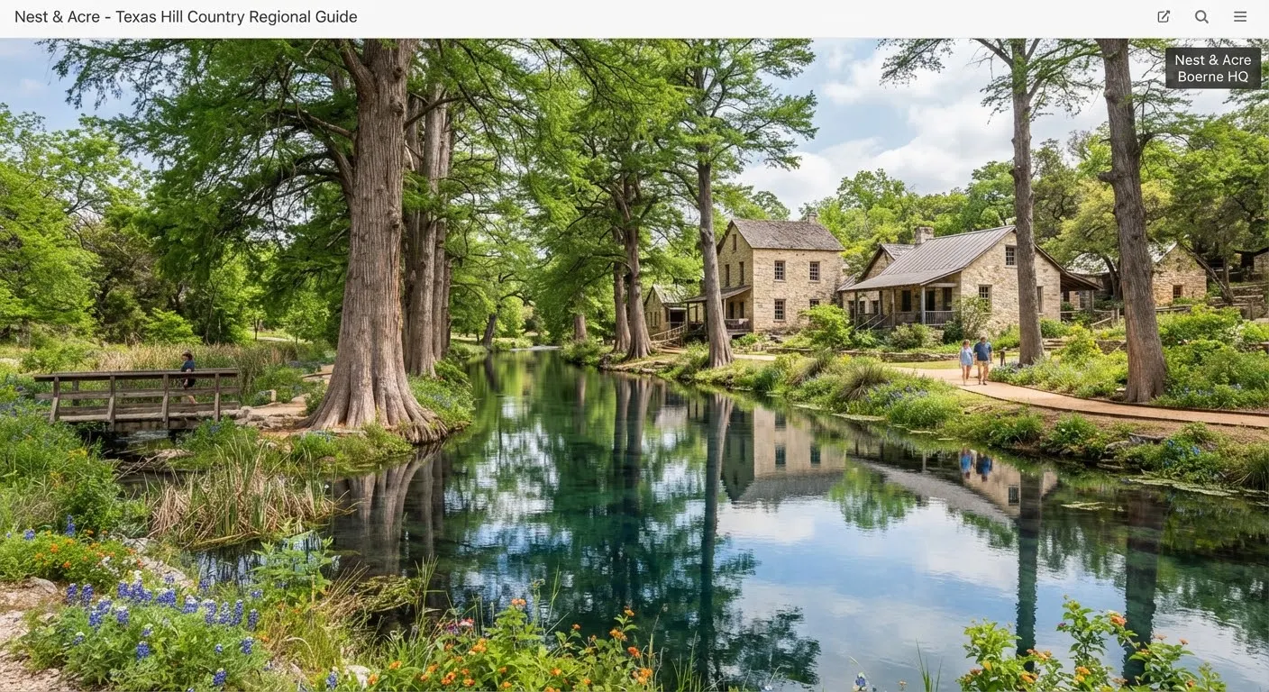 Boerne Texas showing Cibolo Creek natural wetlands with pristine water reflections, towering bald cypress trunks, and heritage German stone…