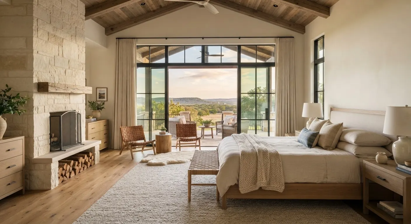Primary suite with limestone fireplace and floor-to-ceiling glass doors opening to the acreage