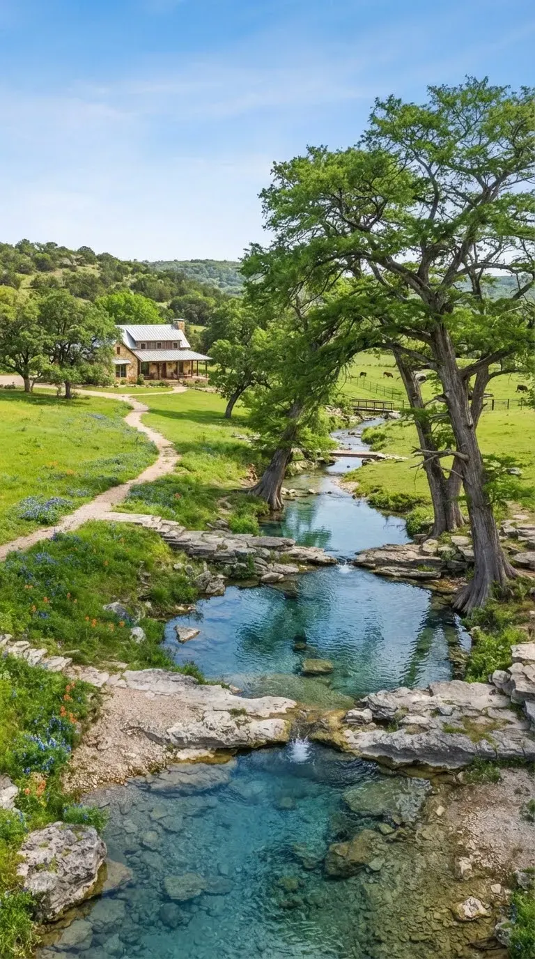 Private riverfront and creek basin ranch acreage along Onion Creek with spring-fed crystal water pools, aged cypress trees, and lush green pastures.