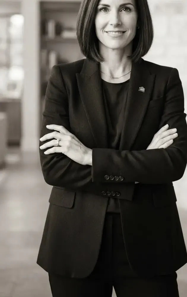 A senior Texas real estate advisor in her 40s wearing an understated dark tailored blazer, set against a softly lit warm limestone architectural…