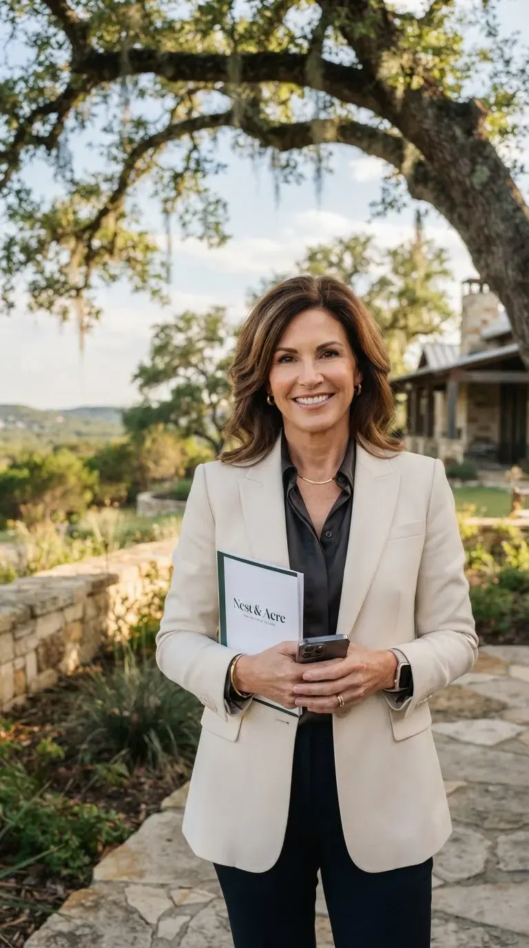 Evelyn Vance-Hollis, an experienced luxury Texas real estate advisor, warmly smiling in an elegant live-oak outdoor setting in Dripping Springs.