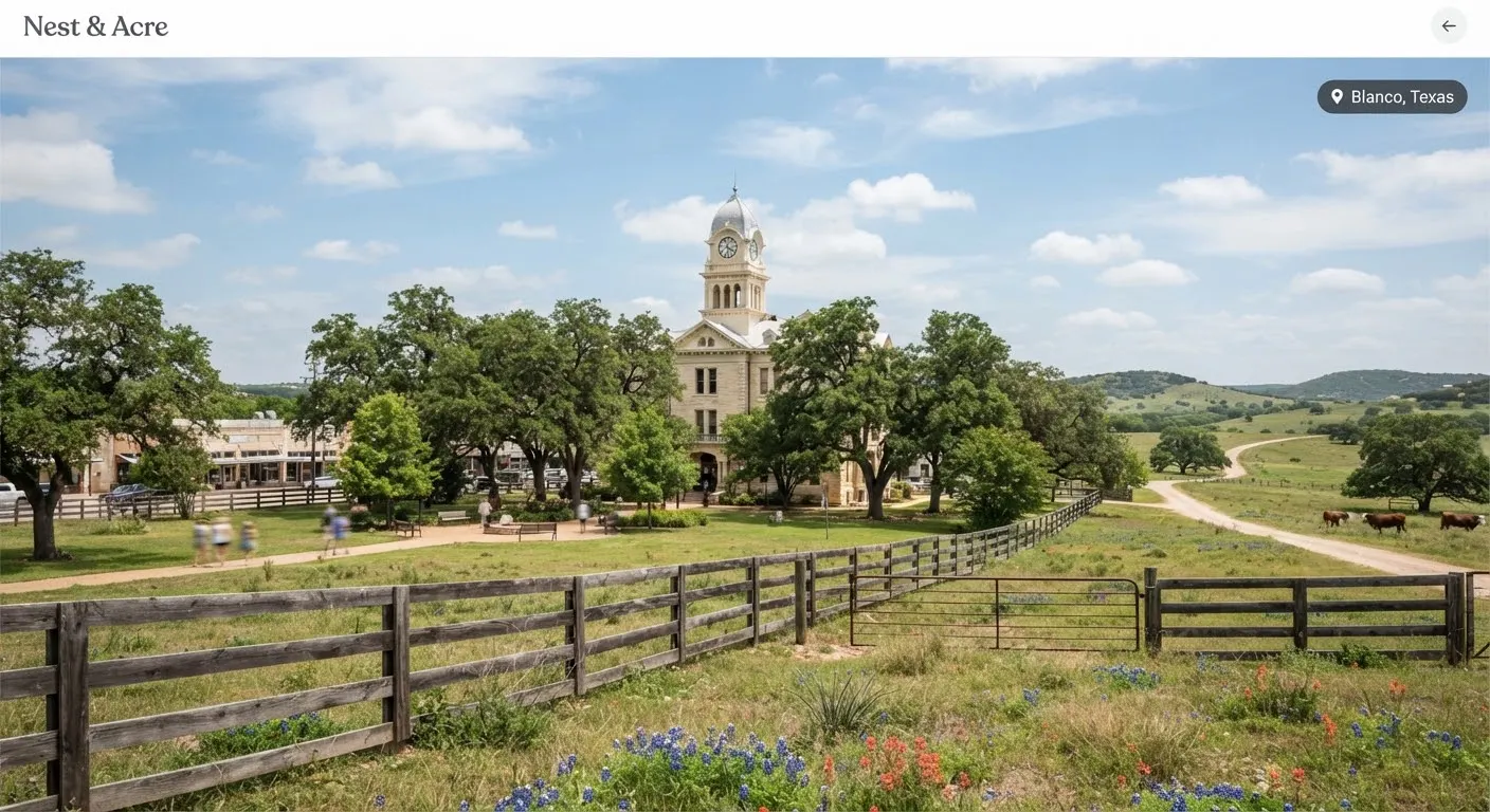 Blanco Texas featuring the historic limestone courthouse square and rolling prairie pastureland bordered by clean wooden paddock fencing under an…
